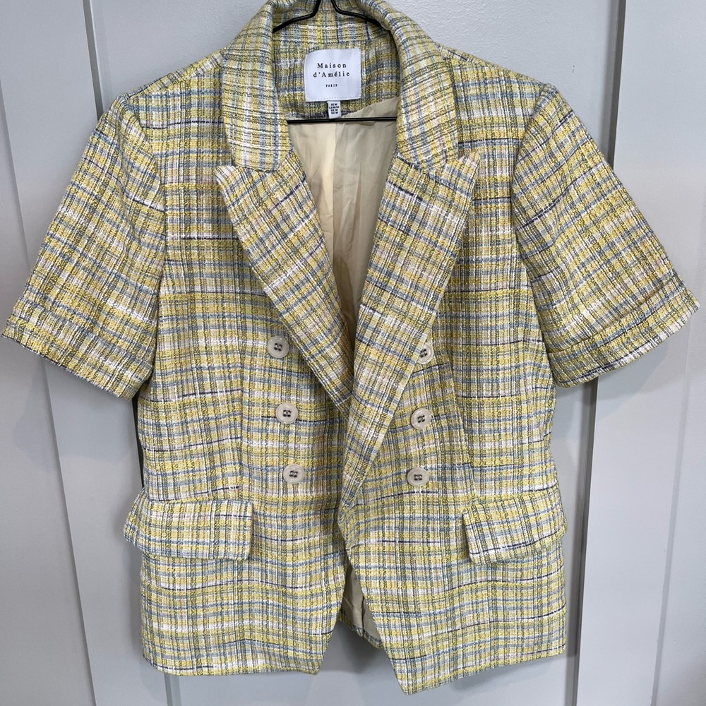 Maison d'Amelie Paris Tweed Buttons Short Sleeve Blazer Jacket Yellow M